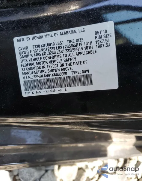 2019 Honda Odyssey Elite from USA, damaged, VIN 5FNRL6H91KB003000